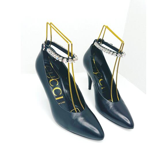 GUCCI Black Leather Crystal Embellished Ankle Strap Pointed Toe Pump Heel EU36.5 - Picture 7 of 13